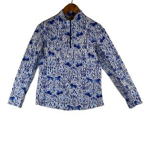 IBKUL Womens Blue White Elephant Ikat Quarter Zip Sun Shirt Mock Neck Small
